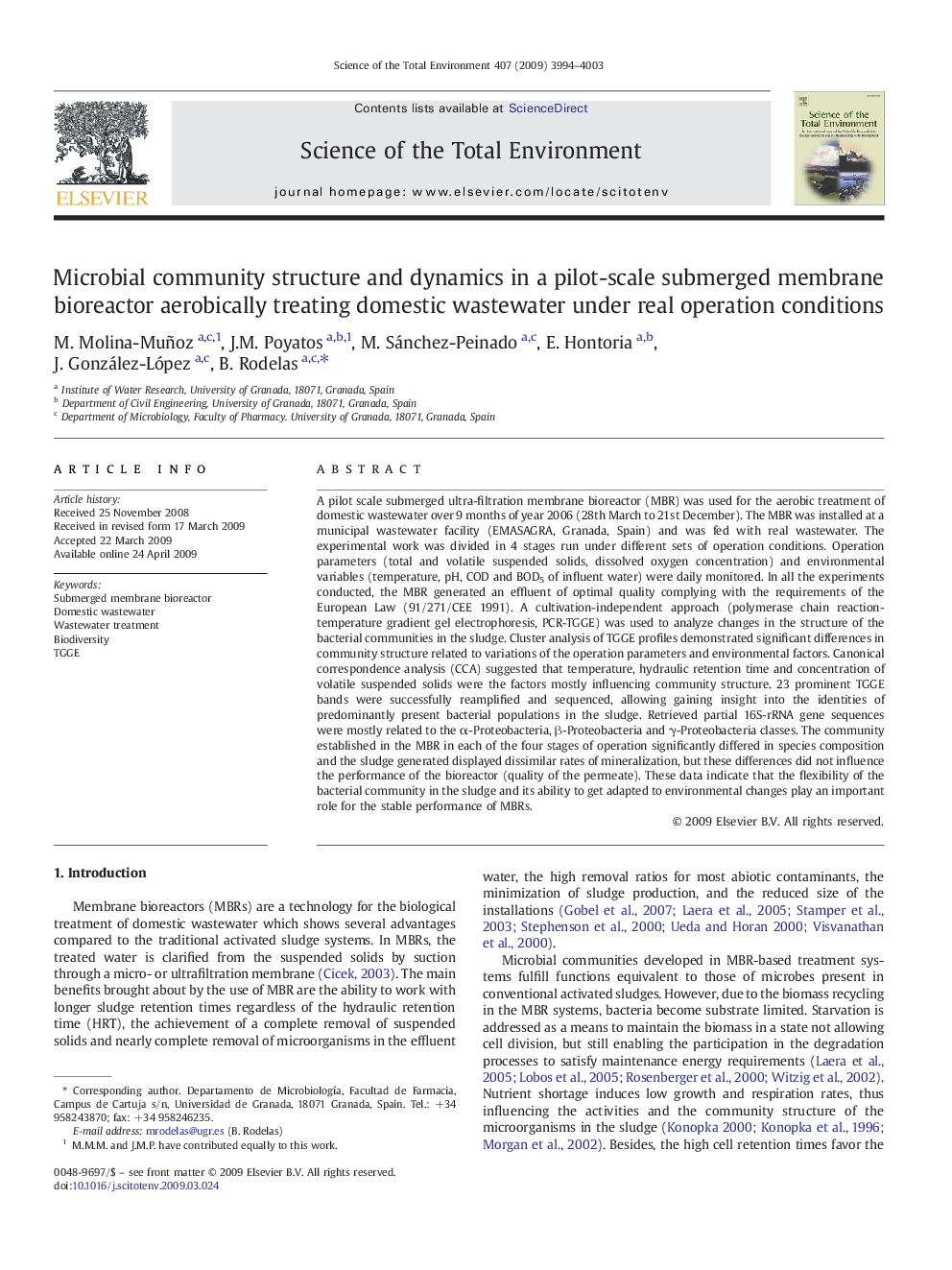 Microbial community structure and dynamics in a pilot-scale submerged membrane bioreactor aerobically treating domestic wastewater under real operation conditions