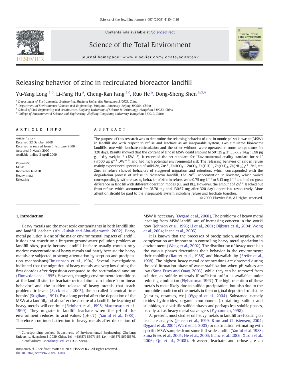 Releasing behavior of zinc in recirculated bioreactor landfill