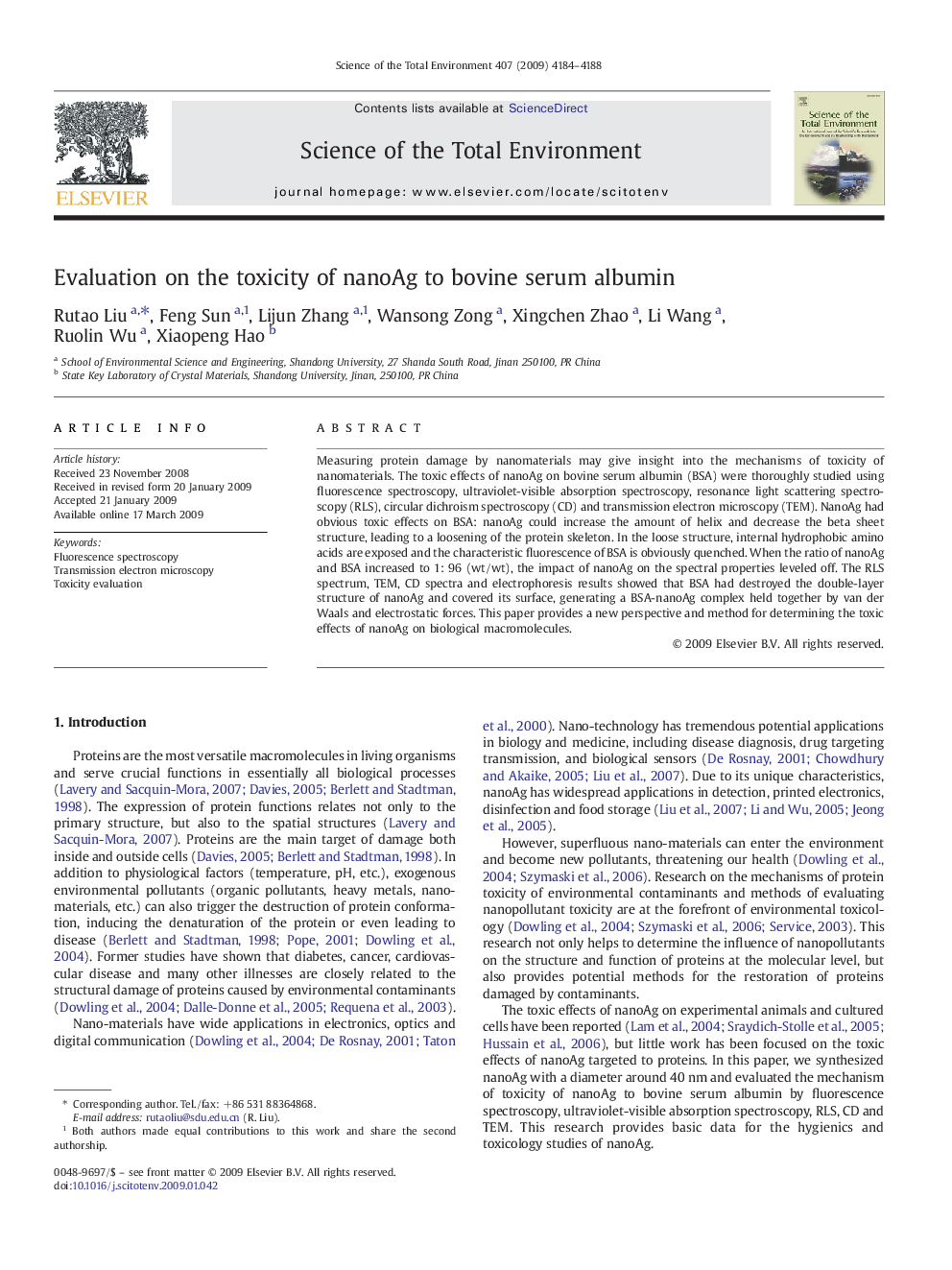 Evaluation on the toxicity of nanoAg to bovine serum albumin