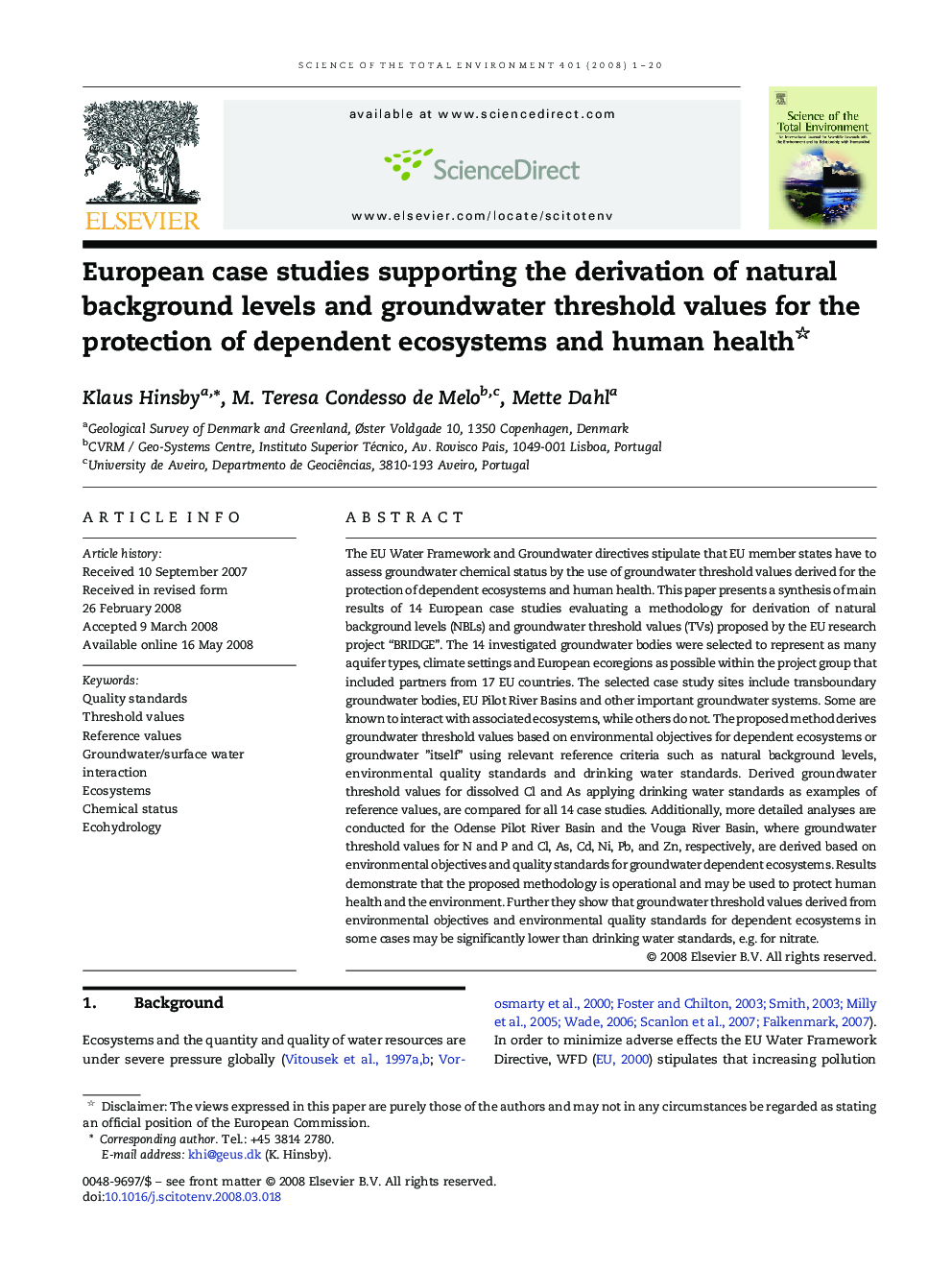 European case studies supporting the derivation of natural background levels and groundwater threshold values for the protection of dependent ecosystems and human health 