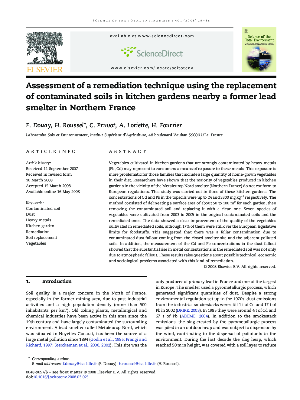 Assessment of a remediation technique using the replacement of contaminated soils in kitchen gardens nearby a former lead smelter in Northern France