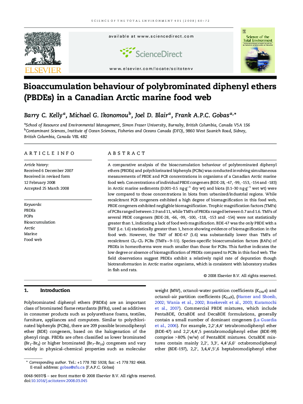 Bioaccumulation behaviour of polybrominated diphenyl ethers (PBDEs) in a Canadian Arctic marine food web