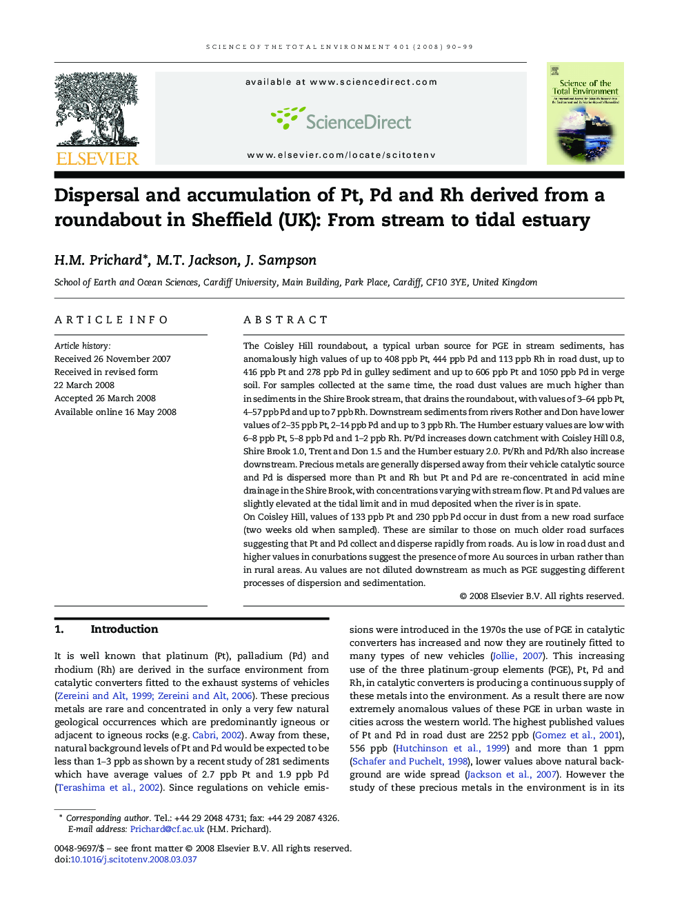 Dispersal and accumulation of Pt, Pd and Rh derived from a roundabout in Sheffield (UK): From stream to tidal estuary