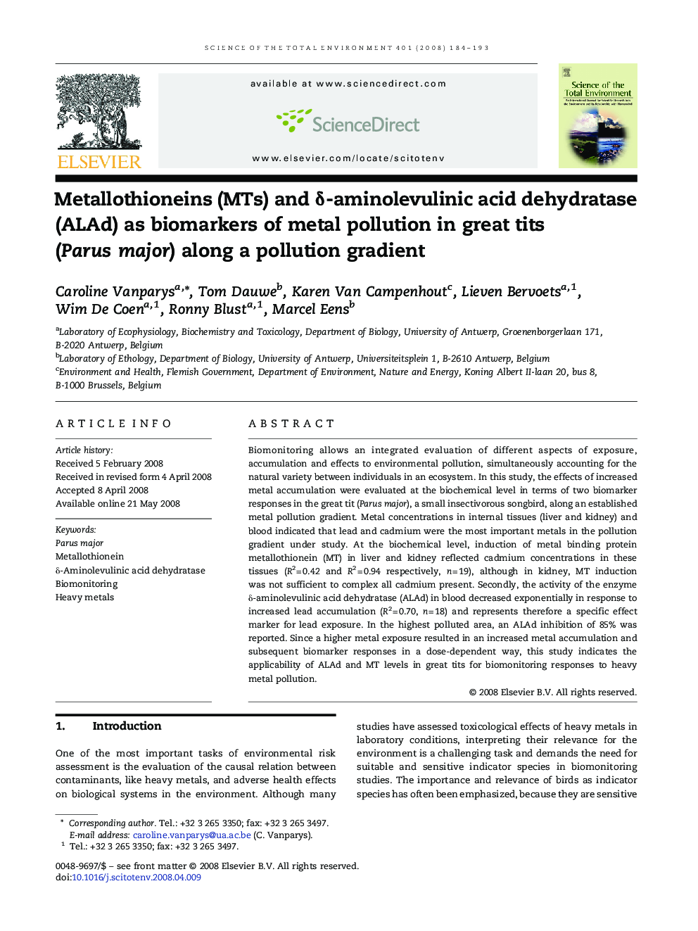 Metallothioneins (MTs) and δ-aminolevulinic acid dehydratase (ALAd) as biomarkers of metal pollution in great tits (Parus major) along a pollution gradient