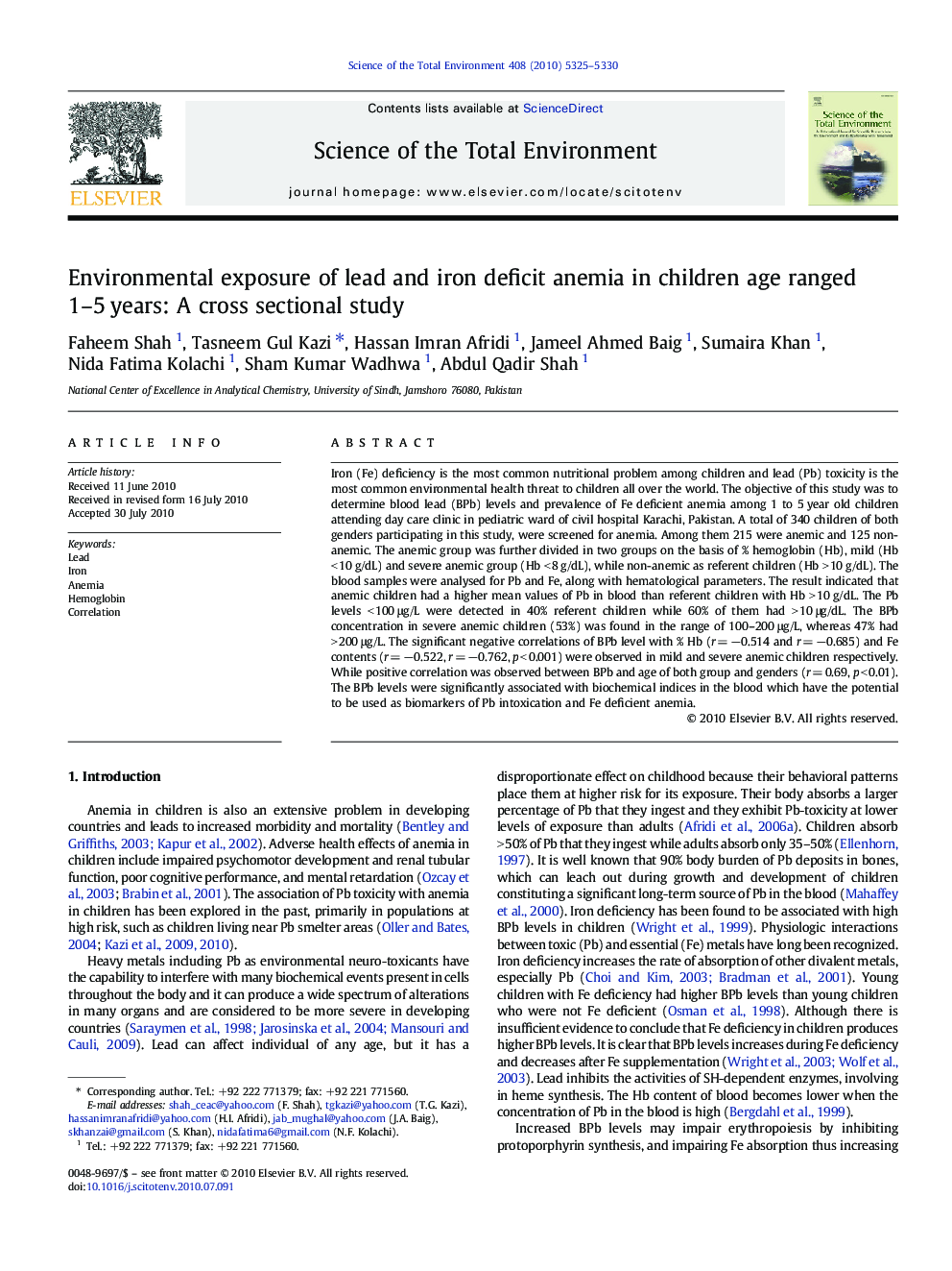 Environmental exposure of lead and iron deficit anemia in children age ranged 1–5 years: A cross sectional study