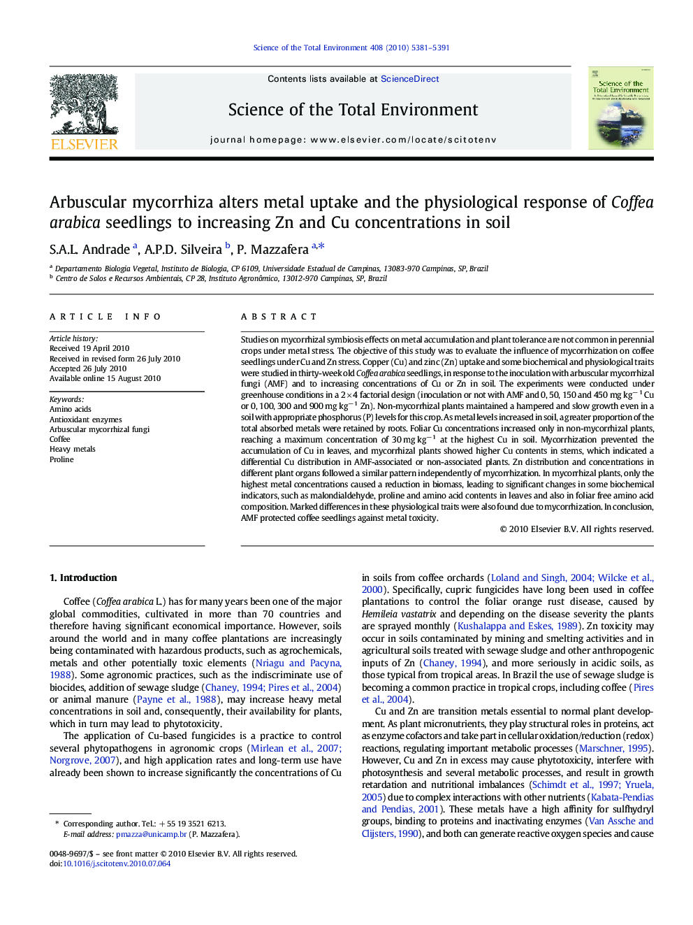 Arbuscular mycorrhiza alters metal uptake and the physiological response of Coffea arabica seedlings to increasing Zn and Cu concentrations in soil