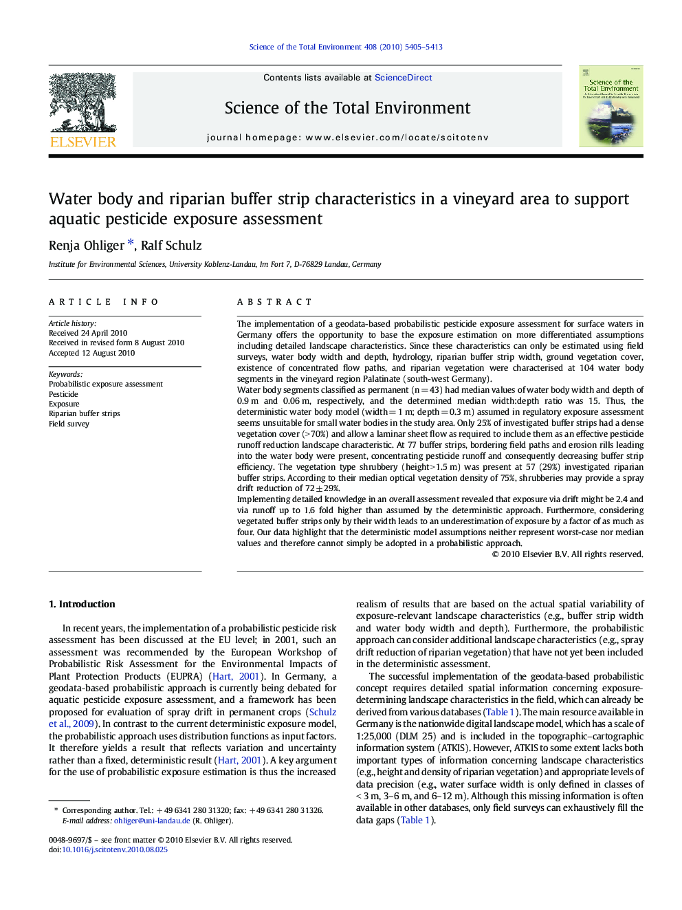 Water body and riparian buffer strip characteristics in a vineyard area to support aquatic pesticide exposure assessment