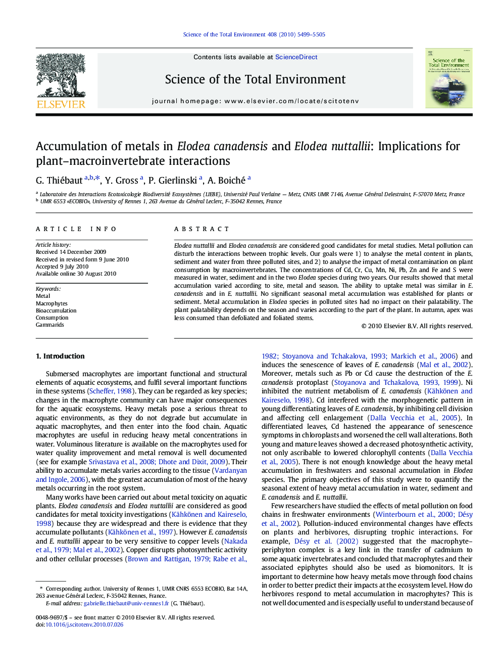 Accumulation of metals in Elodea canadensis and Elodea nuttallii: Implications for plant–macroinvertebrate interactions