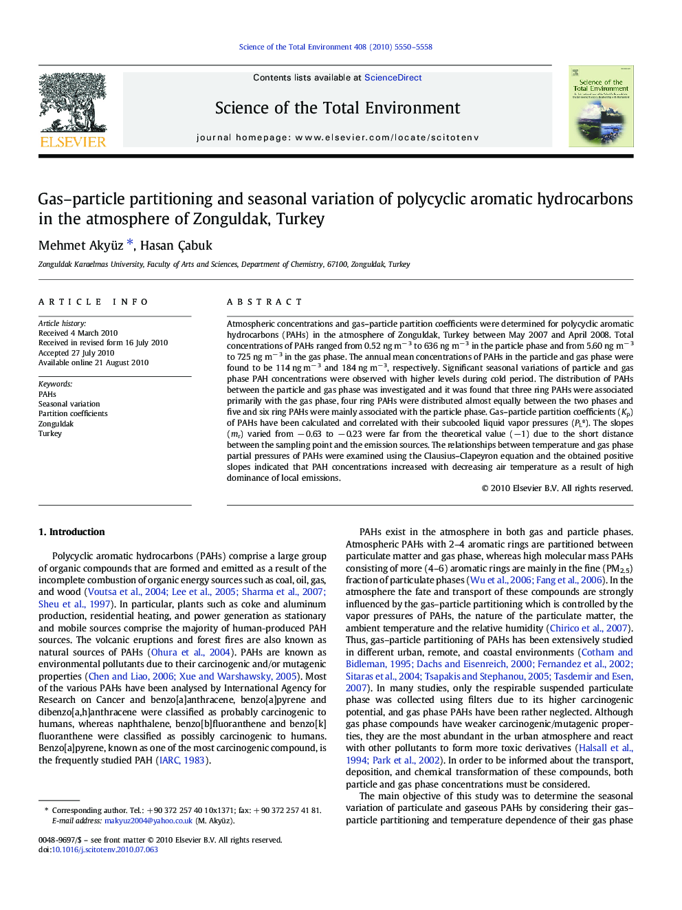 Gas–particle partitioning and seasonal variation of polycyclic aromatic hydrocarbons in the atmosphere of Zonguldak, Turkey