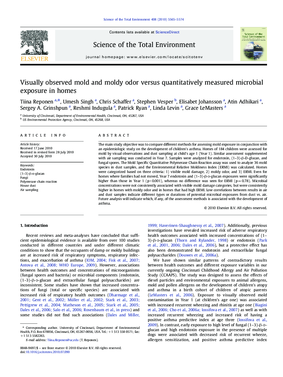 Visually observed mold and moldy odor versus quantitatively measured microbial exposure in homes