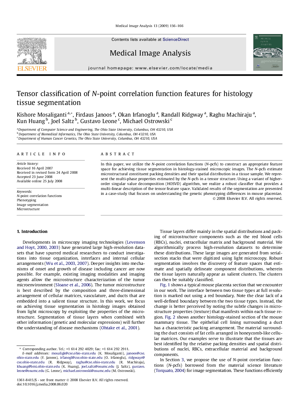 Tensor classification of N-point correlation function features for histology tissue segmentation