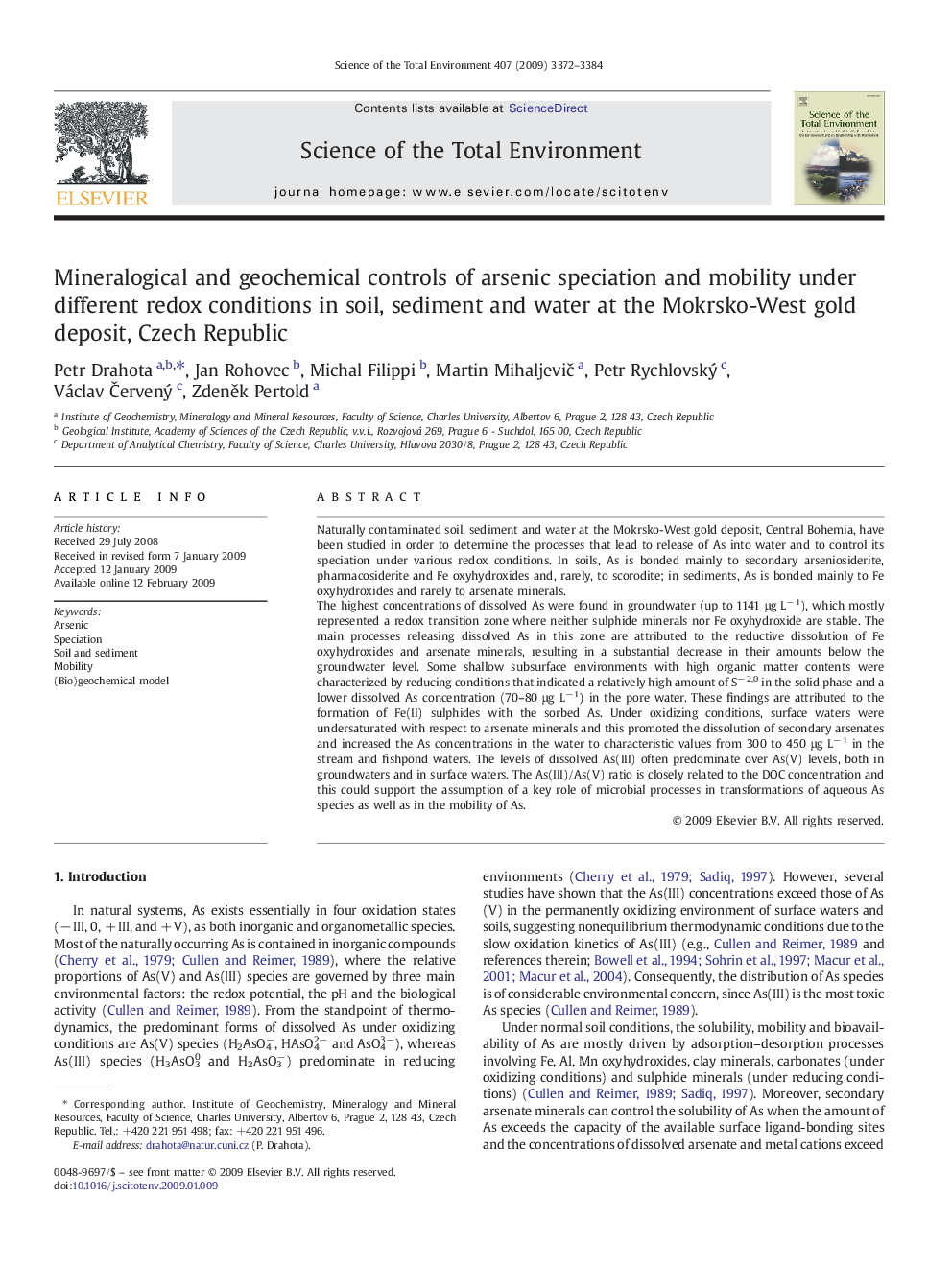 Mineralogical and geochemical controls of arsenic speciation and mobility under different redox conditions in soil, sediment and water at the Mokrsko-West gold deposit, Czech Republic