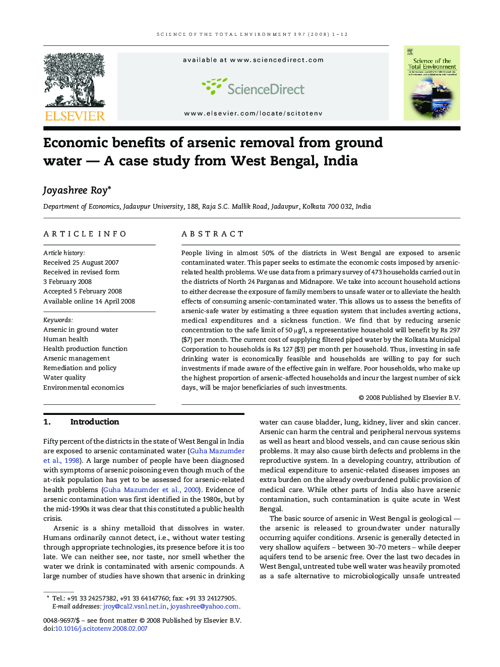 Economic benefits of arsenic removal from ground water — A case study from West Bengal, India