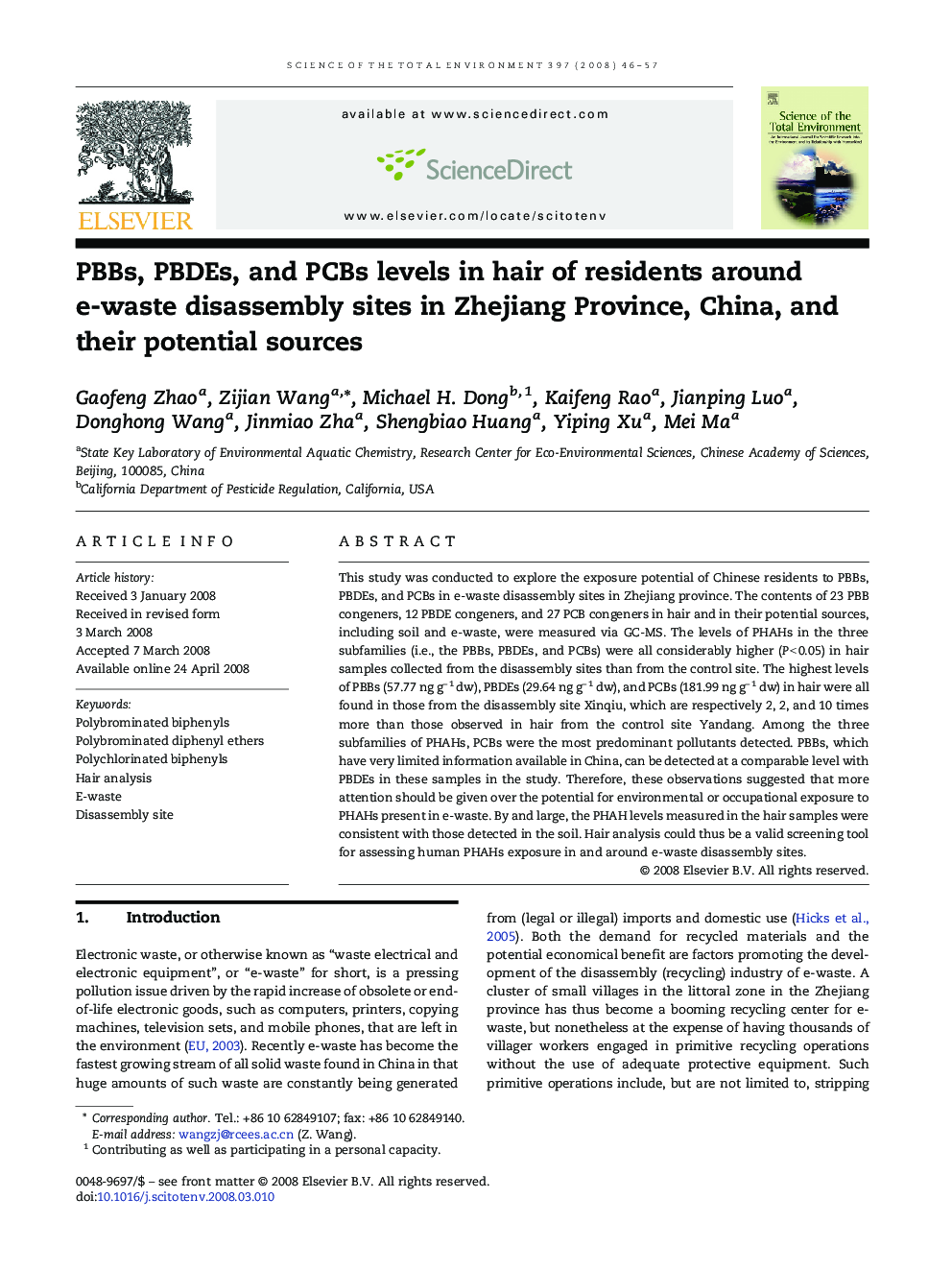 PBBs, PBDEs, and PCBs levels in hair of residents around e-waste disassembly sites in Zhejiang Province, China, and their potential sources