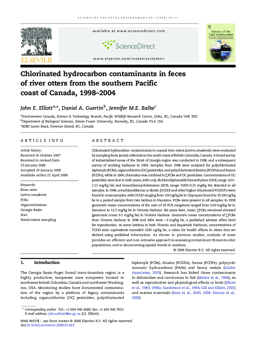 Chlorinated hydrocarbon contaminants in feces of river otters from the southern Pacific coast of Canada, 1998–2004