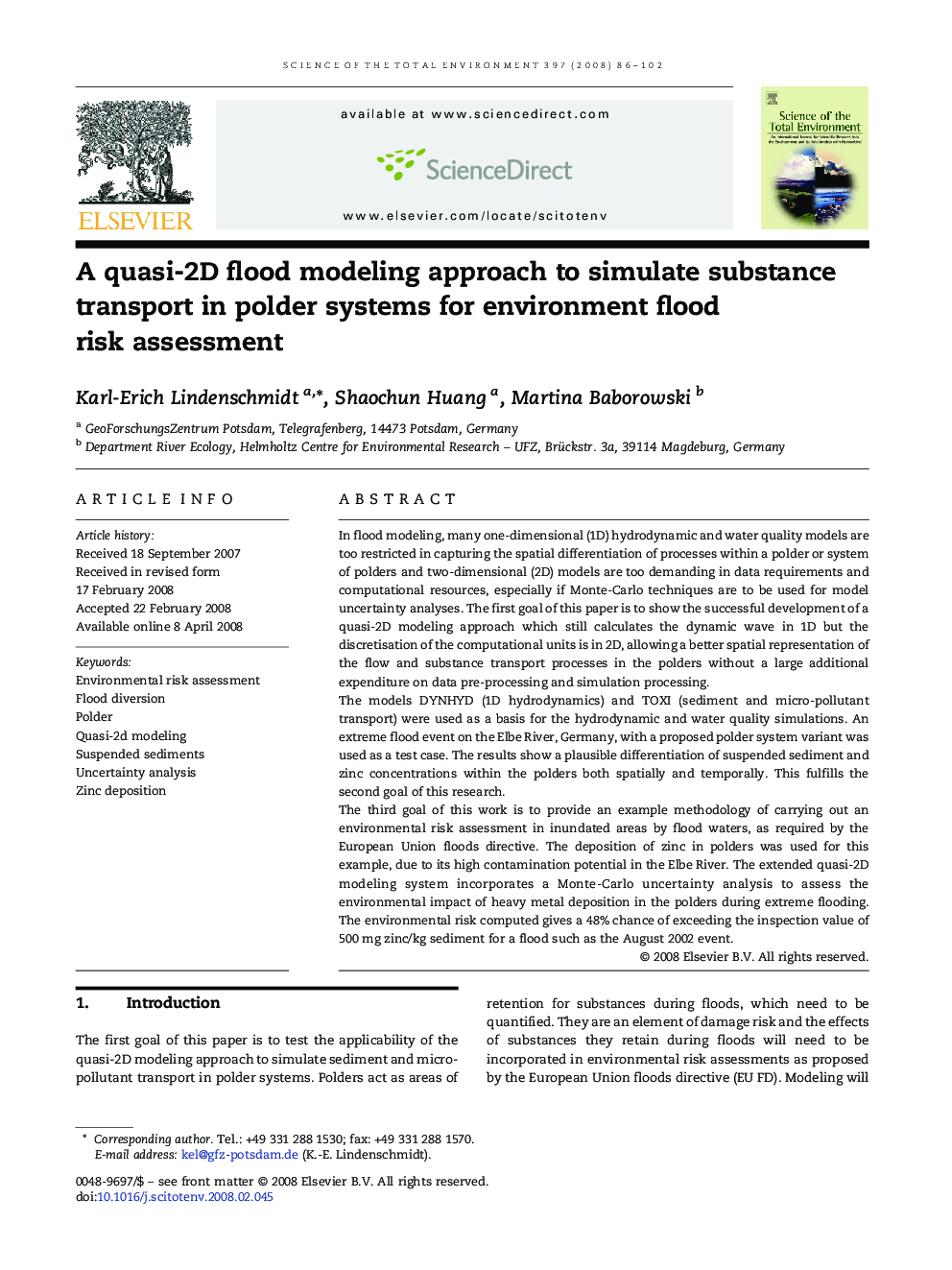 A quasi-2D flood modeling approach to simulate substance transport in polder systems for environment flood risk assessment