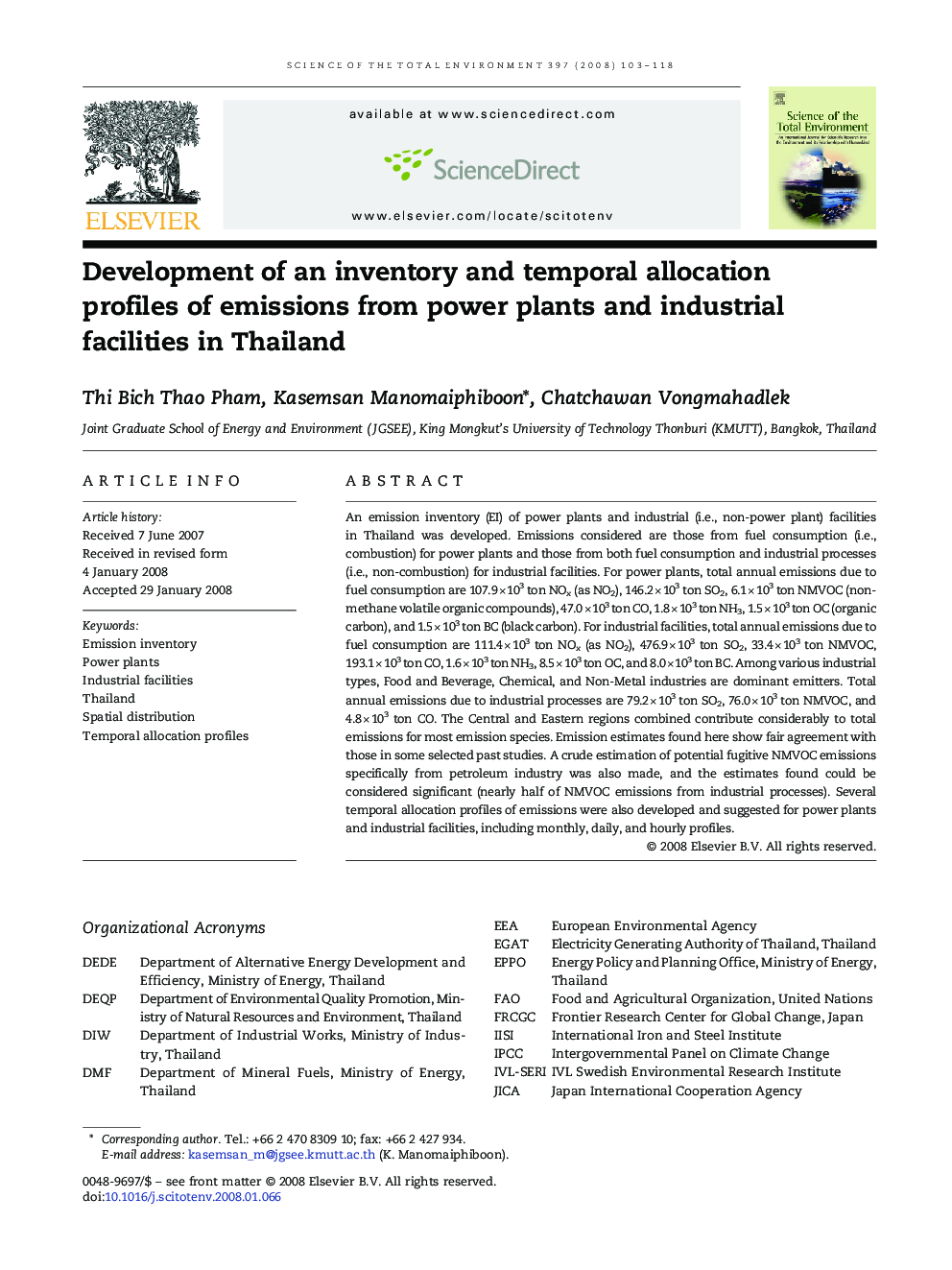 Development of an inventory and temporal allocation profiles of emissions from power plants and industrial facilities in Thailand