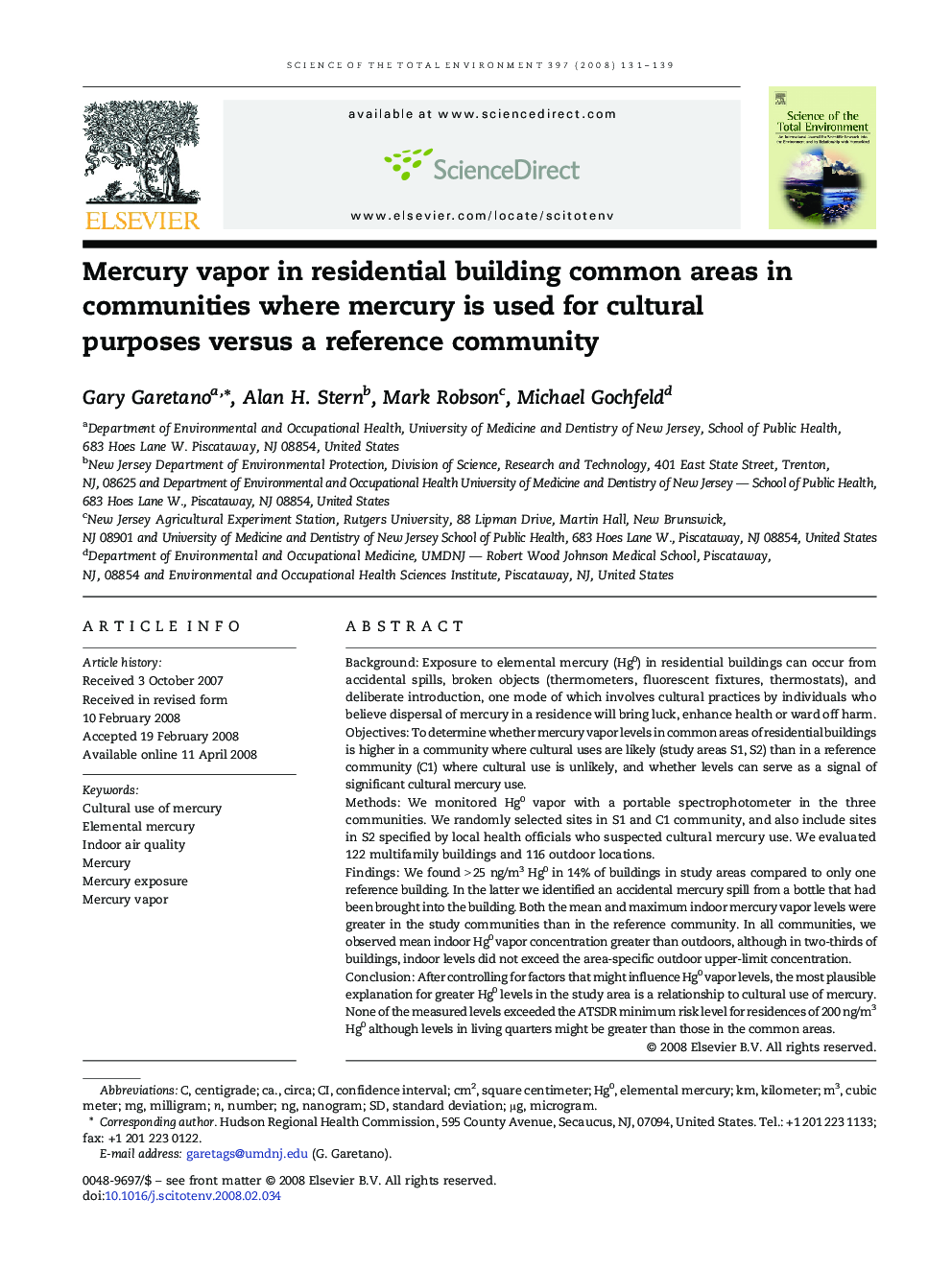 Mercury vapor in residential building common areas in communities where mercury is used for cultural purposes versus a reference community