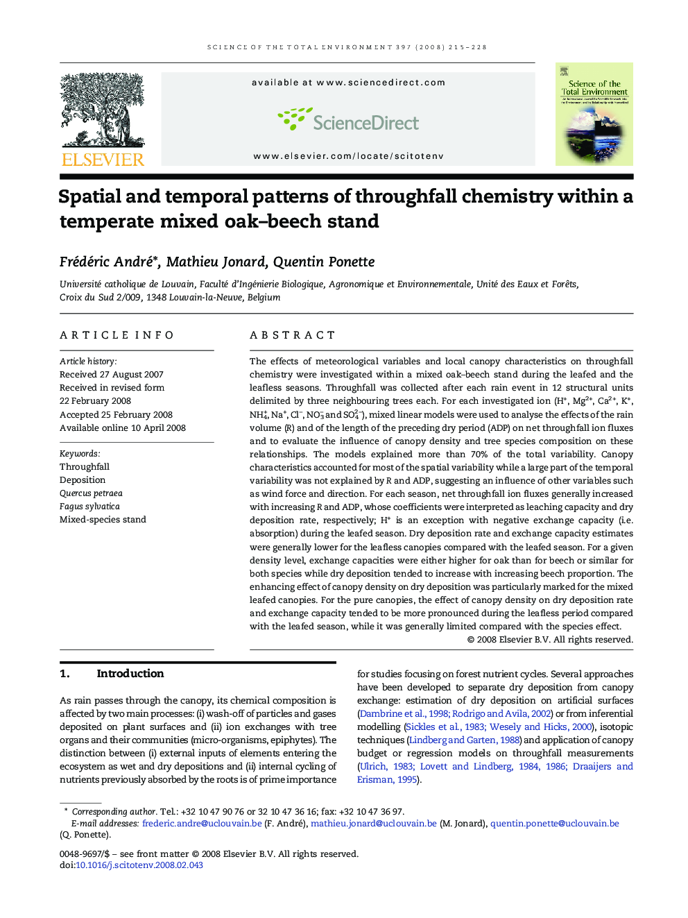 Spatial and temporal patterns of throughfall chemistry within a temperate mixed oak–beech stand