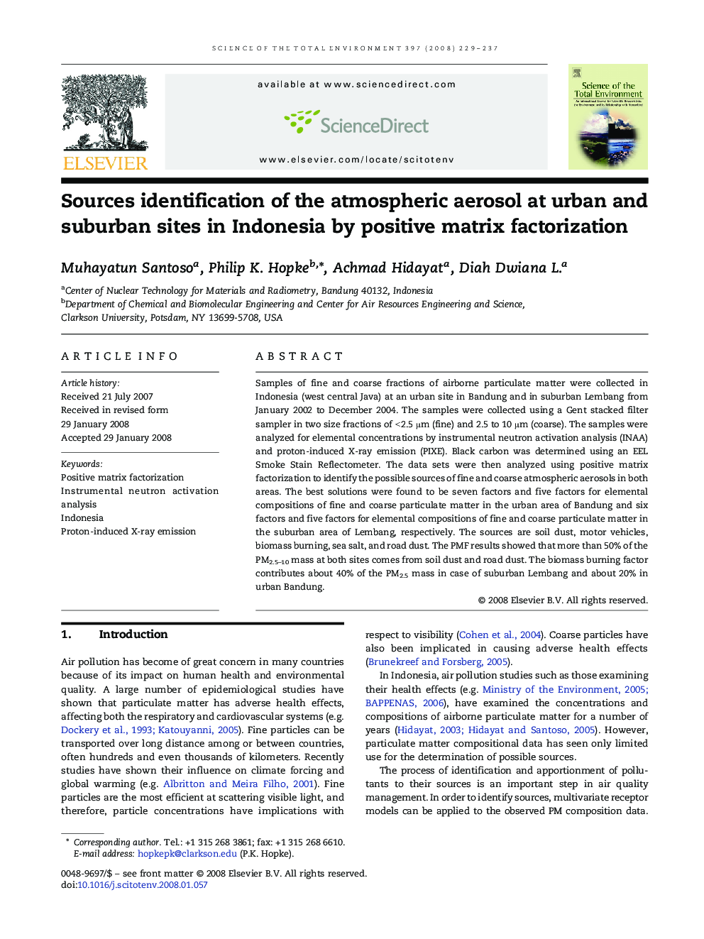 Sources identification of the atmospheric aerosol at urban and suburban sites in Indonesia by positive matrix factorization