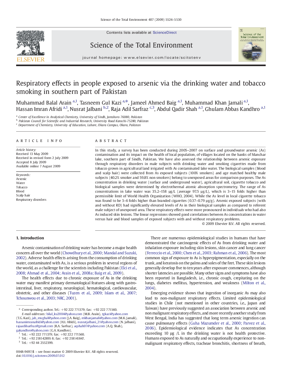 Respiratory effects in people exposed to arsenic via the drinking water and tobacco smoking in southern part of Pakistan