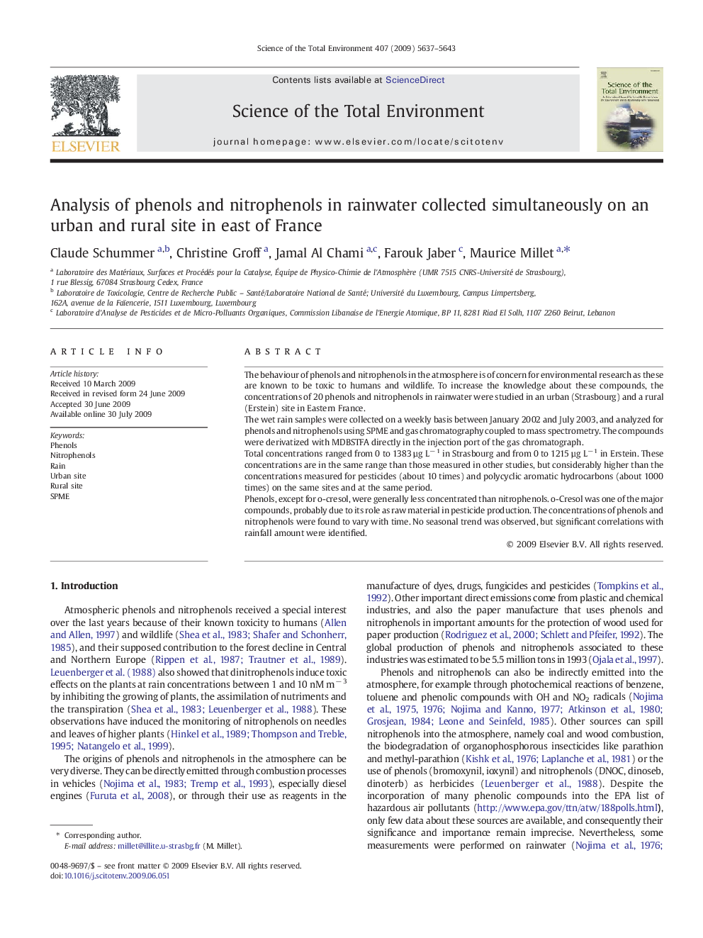 Analysis of phenols and nitrophenols in rainwater collected simultaneously on an urban and rural site in east of France