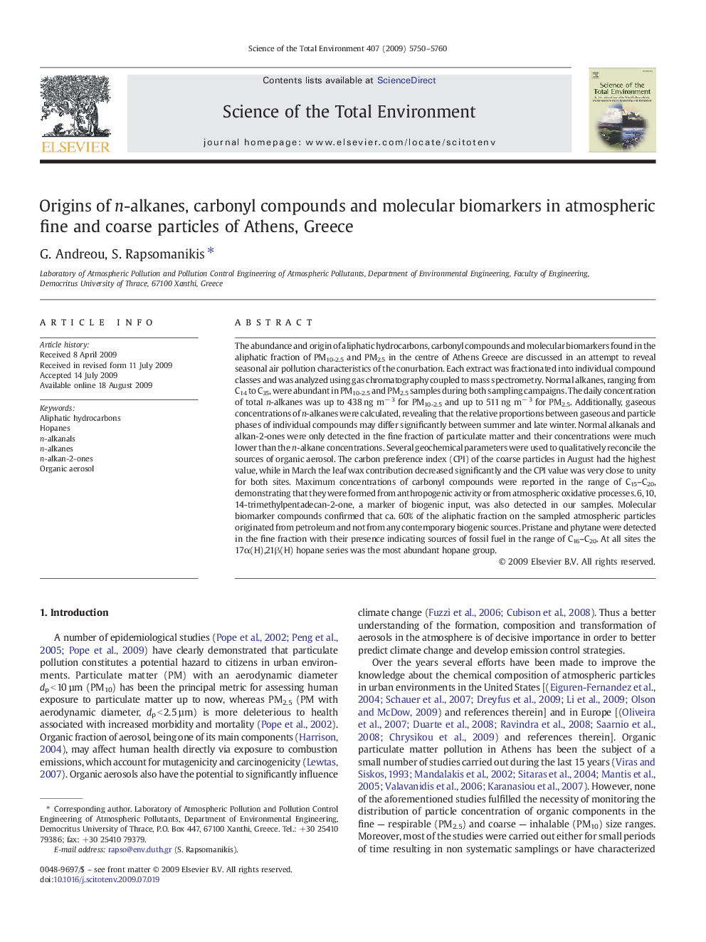 Origins of n-alkanes, carbonyl compounds and molecular biomarkers in atmospheric fine and coarse particles of Athens, Greece