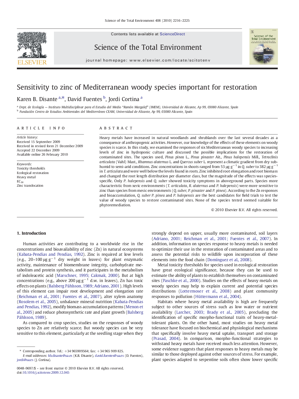 Sensitivity to zinc of Mediterranean woody species important for restoration