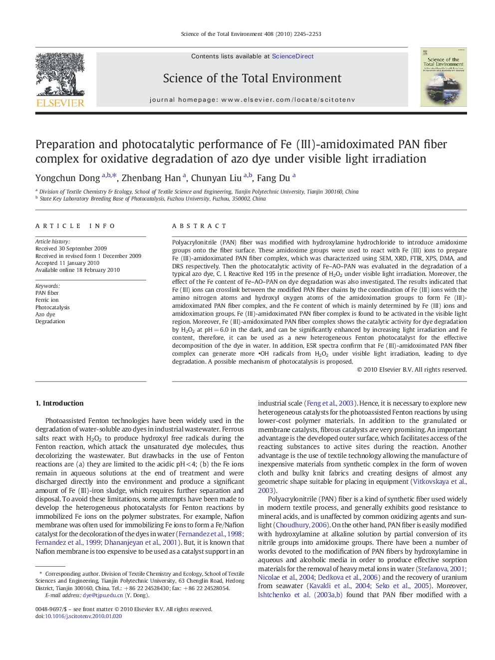 Preparation and photocatalytic performance of Fe (III)-amidoximated PAN fiber complex for oxidative degradation of azo dye under visible light irradiation