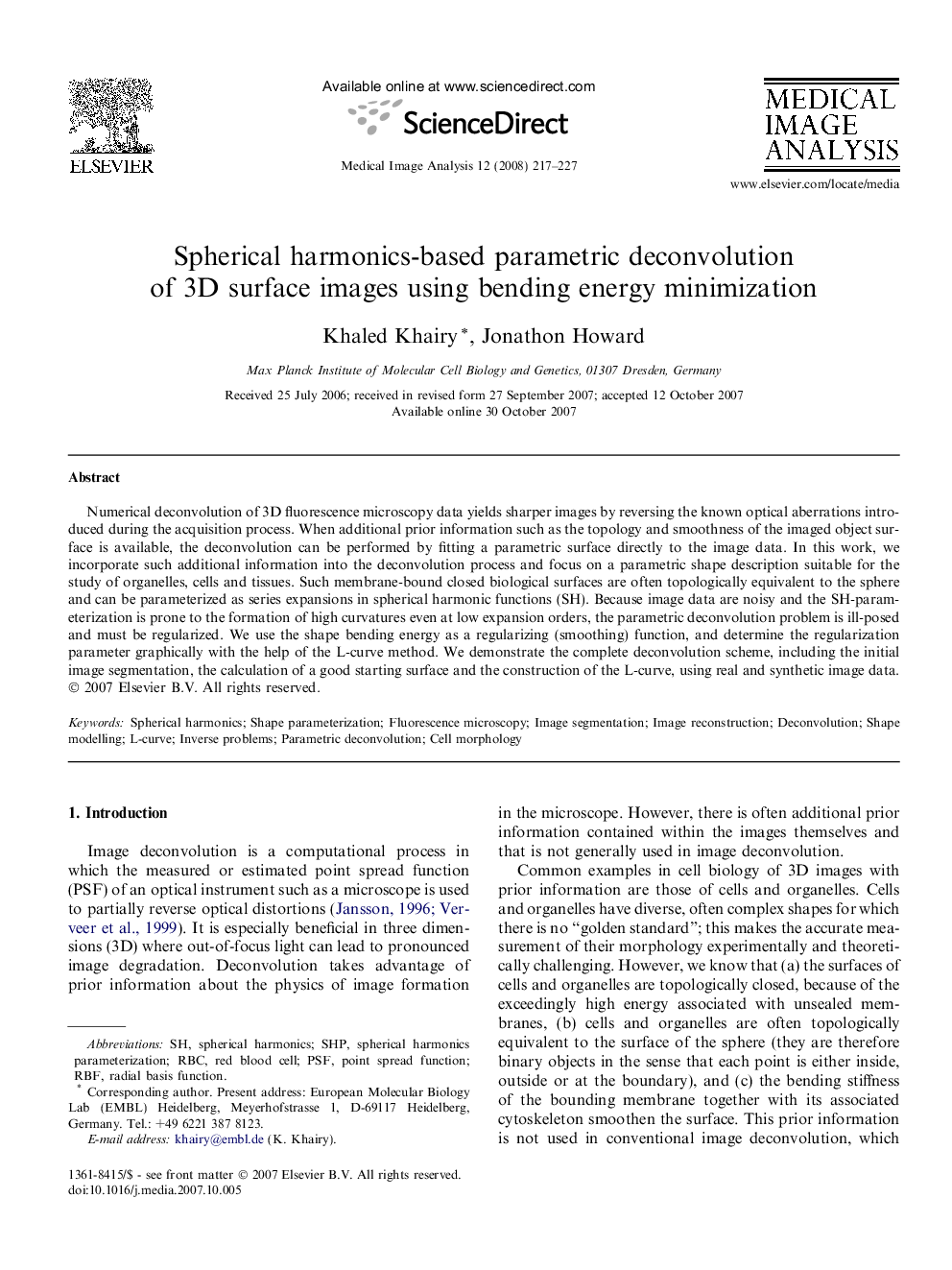 Spherical harmonics-based parametric deconvolution of 3D surface images using bending energy minimization