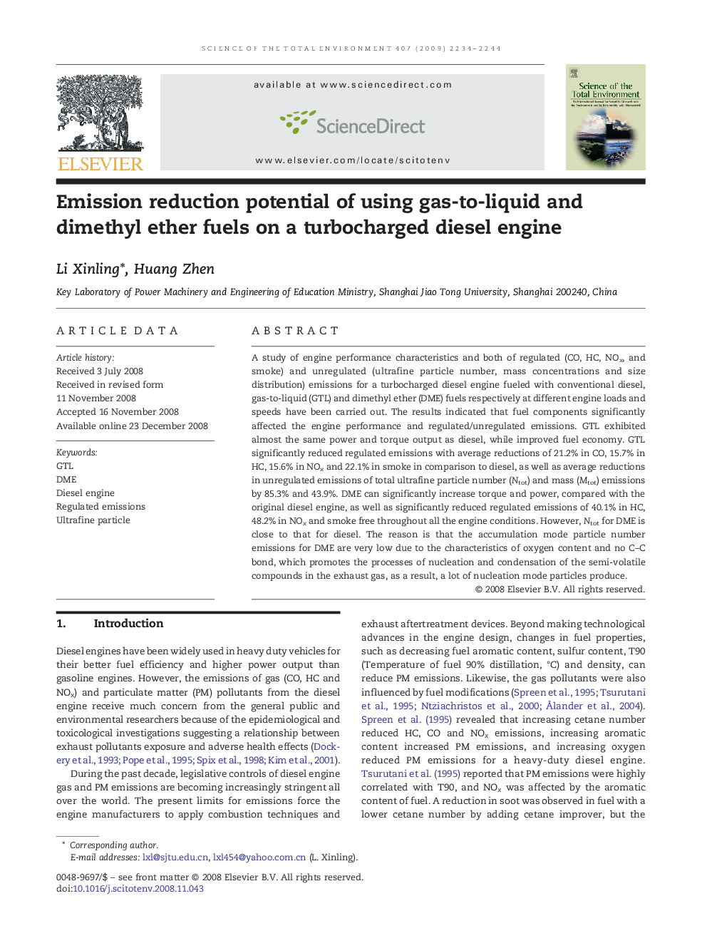 Emission reduction potential of using gas-to-liquid and dimethyl ether fuels on a turbocharged diesel engine