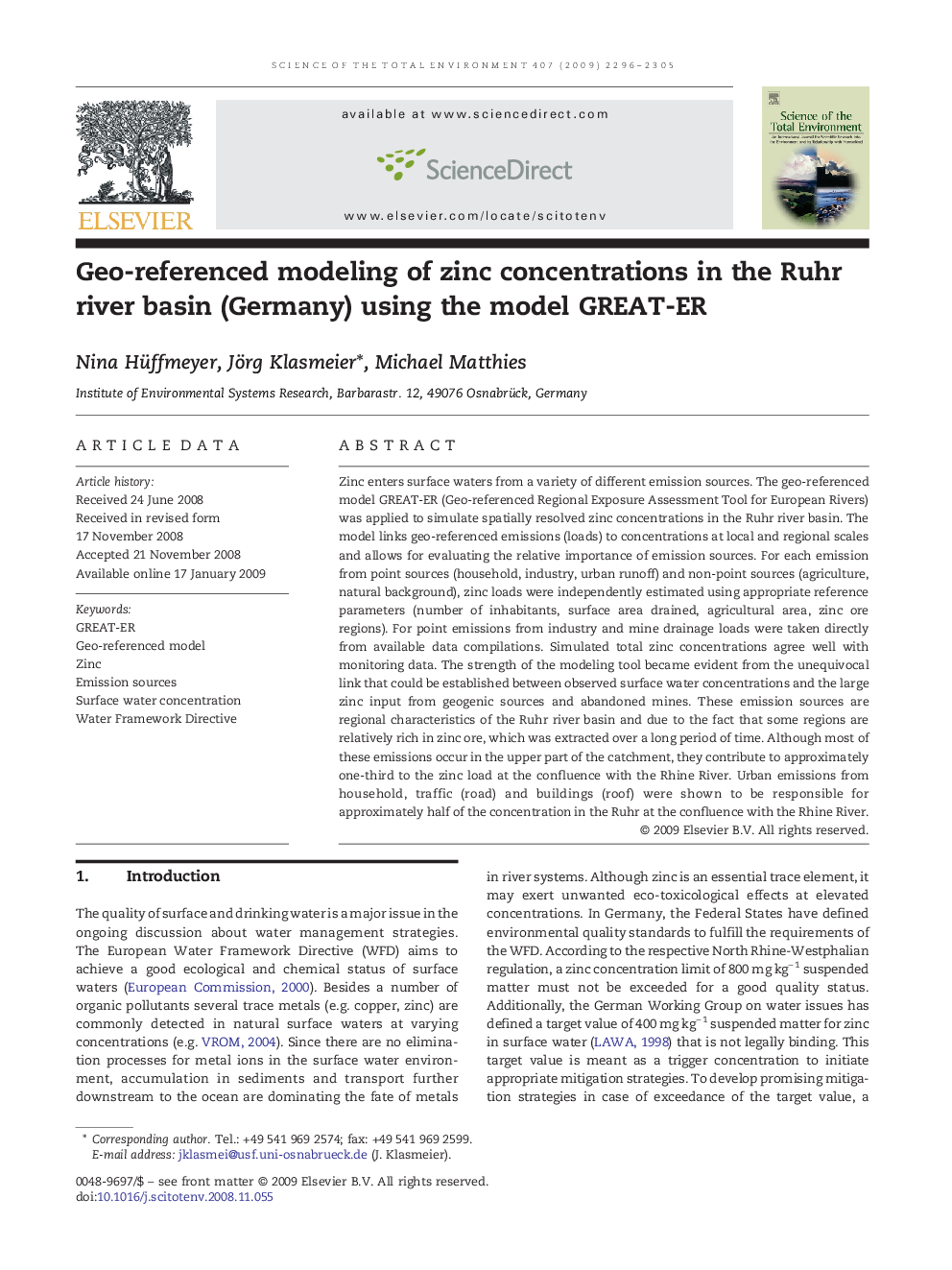 Geo-referenced modeling of zinc concentrations in the Ruhr river basin (Germany) using the model GREAT-ER