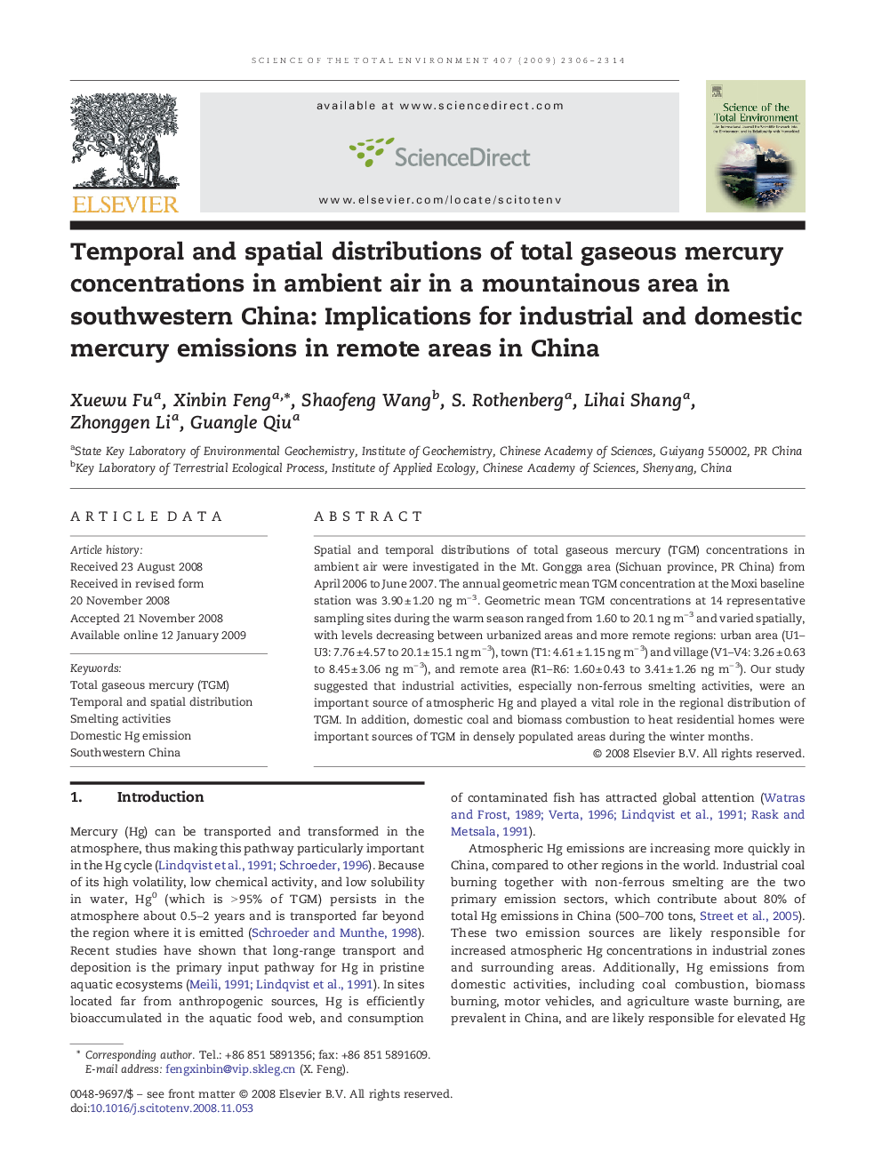 Temporal and spatial distributions of total gaseous mercury concentrations in ambient air in a mountainous area in southwestern China: Implications for industrial and domestic mercury emissions in remote areas in China