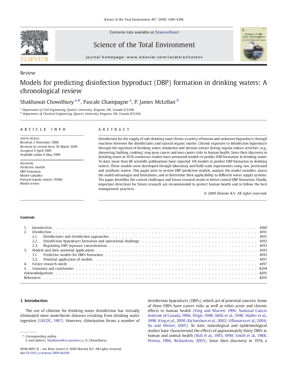 Models for predicting disinfection byproduct (DBP) formation in drinking waters: A chronological review