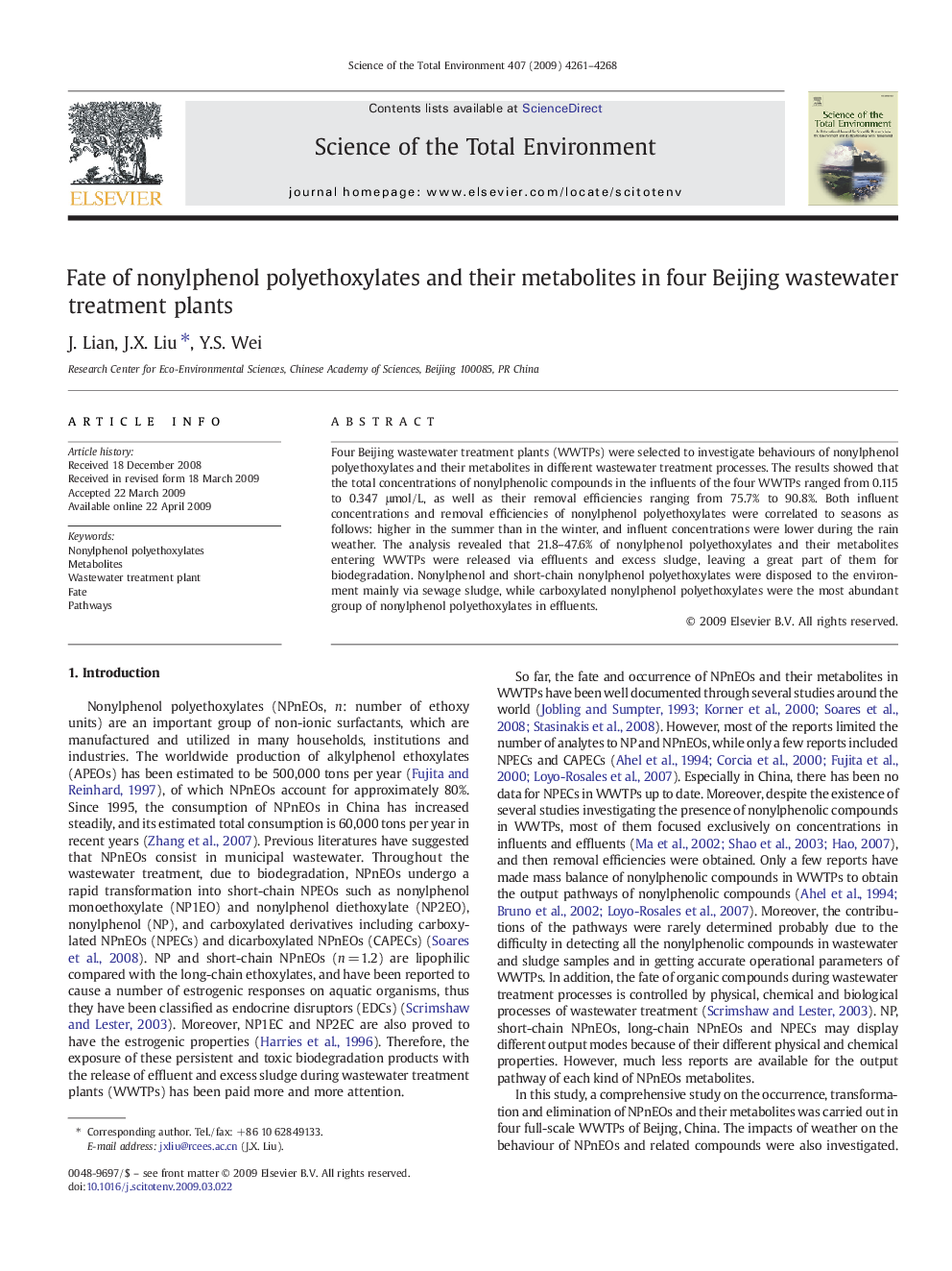 Fate of nonylphenol polyethoxylates and their metabolites in four Beijing wastewater treatment plants