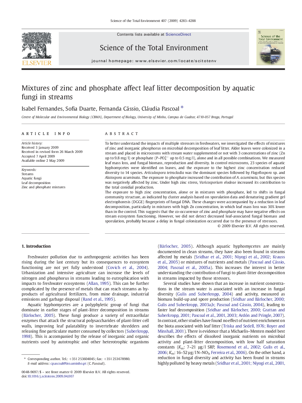 Mixtures of zinc and phosphate affect leaf litter decomposition by aquatic fungi in streams