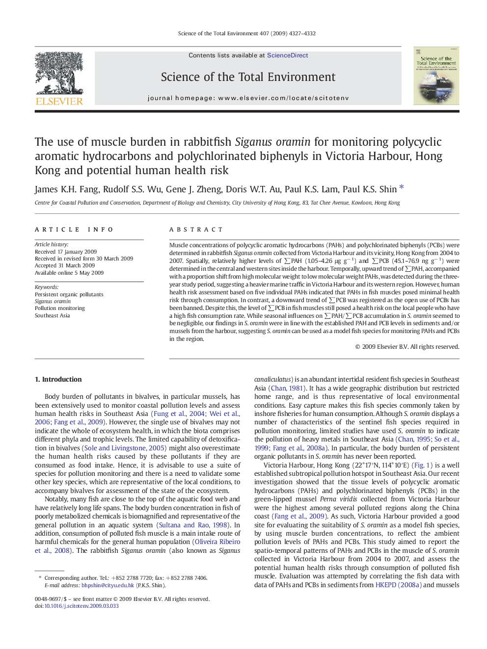 The use of muscle burden in rabbitfish Siganus oramin for monitoring polycyclic aromatic hydrocarbons and polychlorinated biphenyls in Victoria Harbour, Hong Kong and potential human health risk