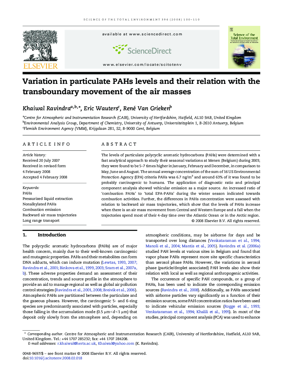 Variation in particulate PAHs levels and their relation with the transboundary movement of the air masses