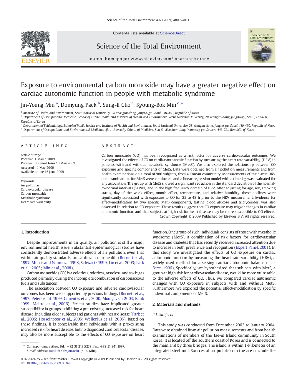 Exposure to environmental carbon monoxide may have a greater negative effect on cardiac autonomic function in people with metabolic syndrome