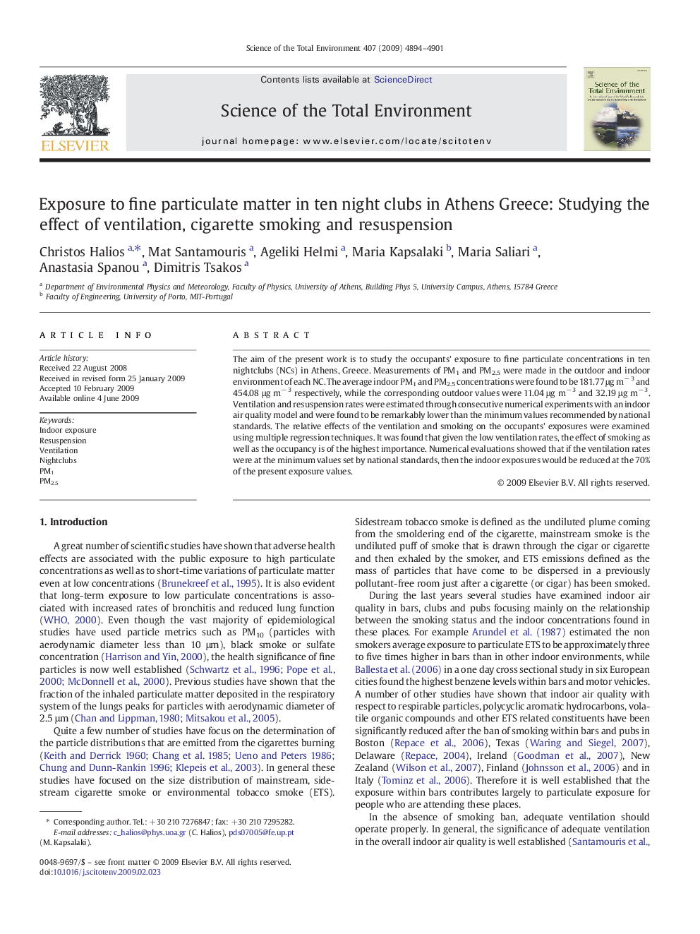 Exposure to fine particulate matter in ten night clubs in Athens Greece: Studying the effect of ventilation, cigarette smoking and resuspension