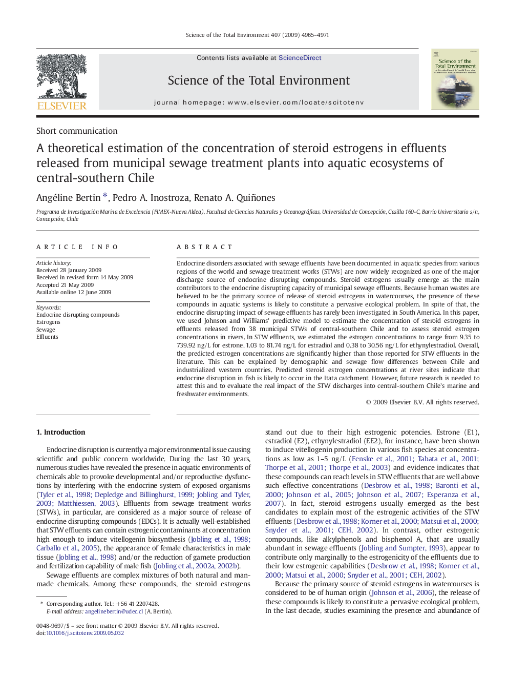 A theoretical estimation of the concentration of steroid estrogens in effluents released from municipal sewage treatment plants into aquatic ecosystems of central-southern Chile