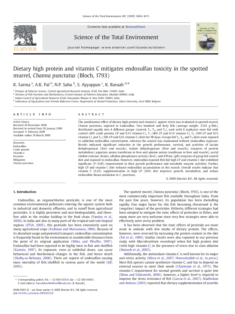 Dietary high protein and vitamin C mitigates endosulfan toxicity in the spotted murrel, Channa punctatus (Bloch, 1793)