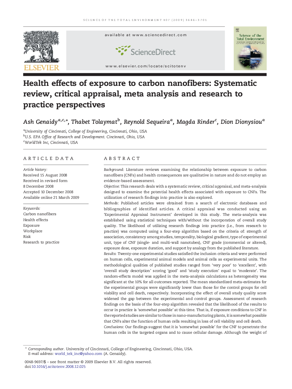 Health effects of exposure to carbon nanofibers: Systematic review, critical appraisal, meta analysis and research to practice perspectives