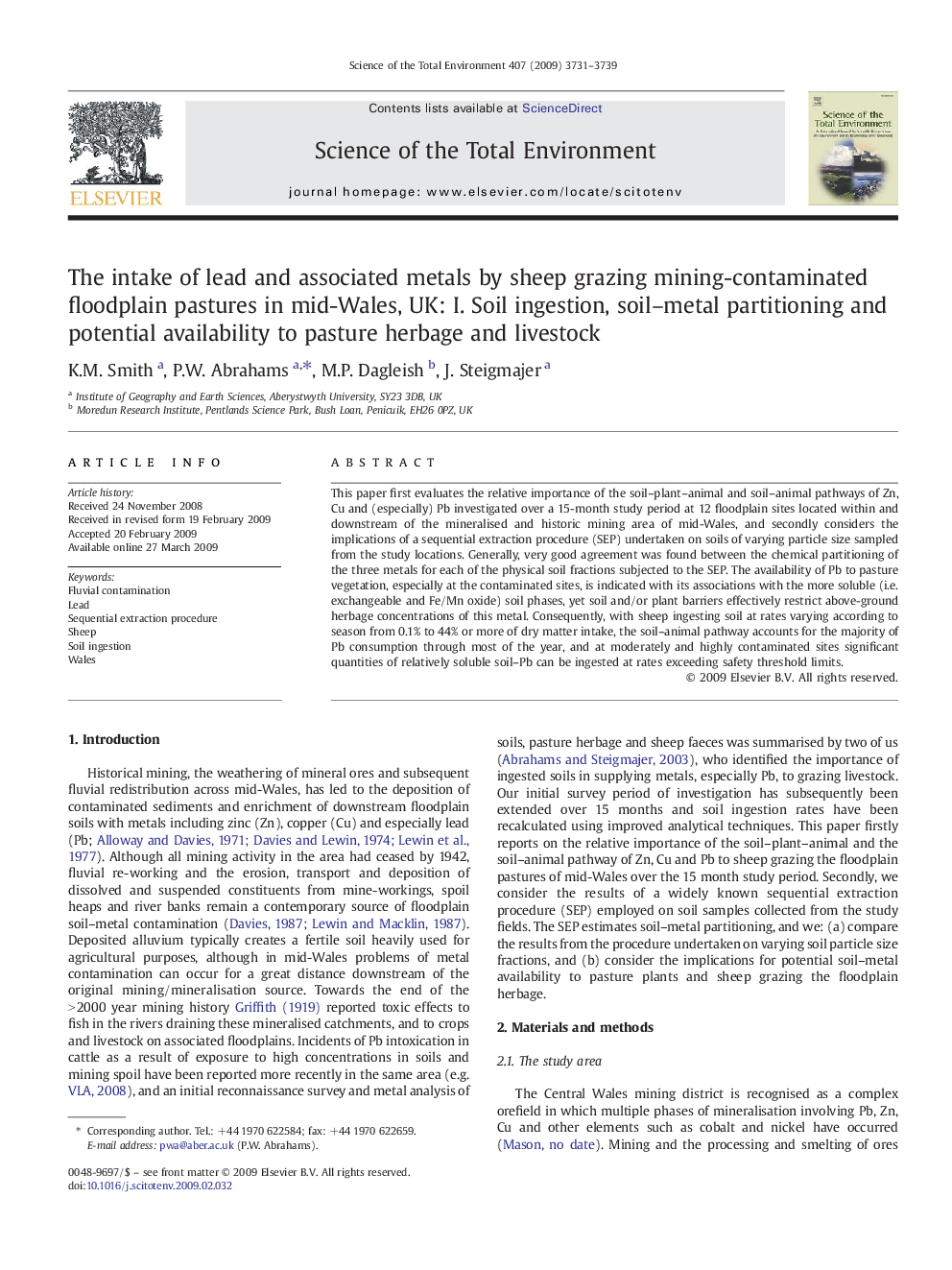 The intake of lead and associated metals by sheep grazing mining-contaminated floodplain pastures in mid-Wales, UK: I. Soil ingestion, soil–metal partitioning and potential availability to pasture herbage and livestock