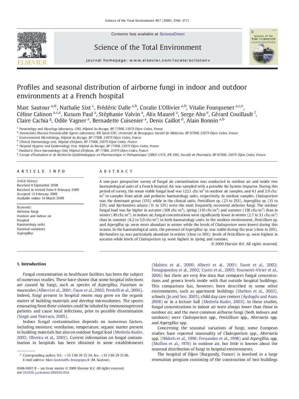 Profiles and seasonal distribution of airborne fungi in indoor and outdoor environments at a French hospital