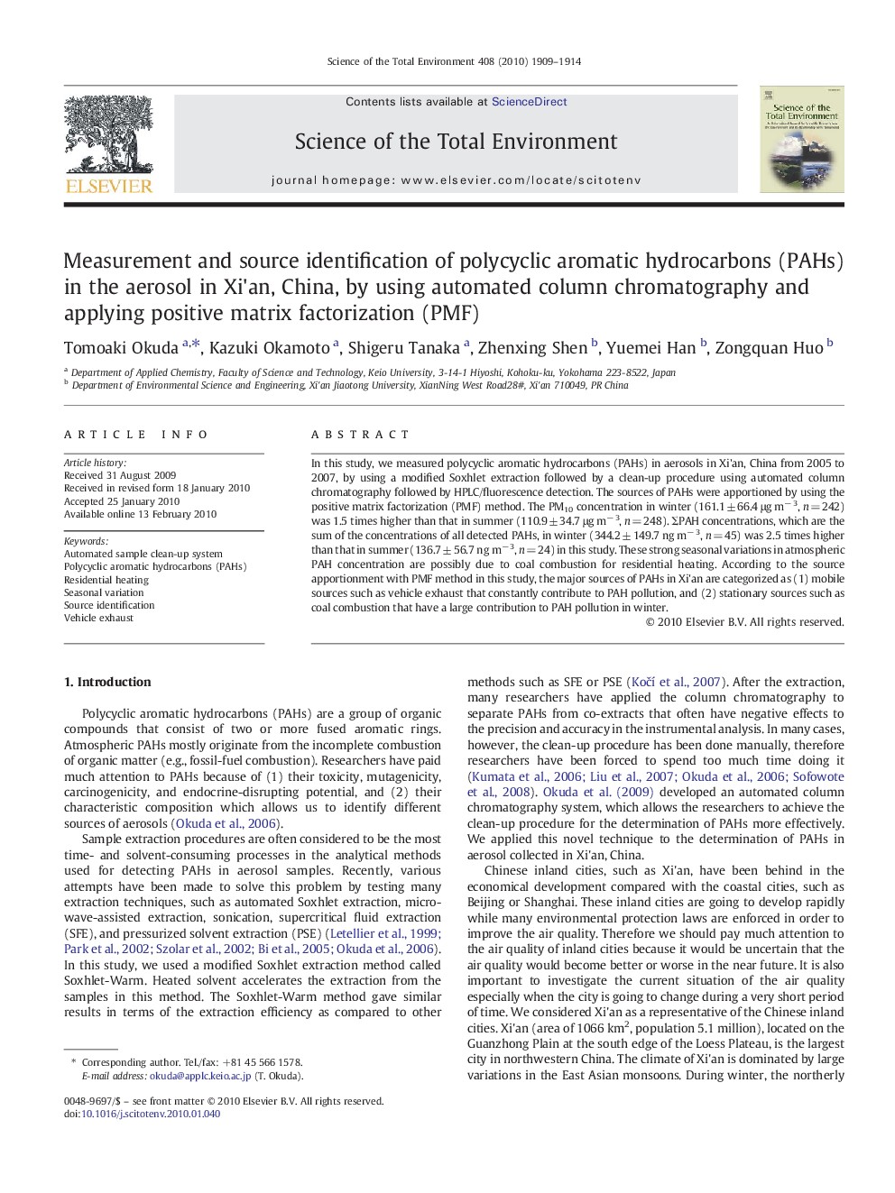 Measurement and source identification of polycyclic aromatic hydrocarbons (PAHs) in the aerosol in Xi'an, China, by using automated column chromatography and applying positive matrix factorization (PMF)