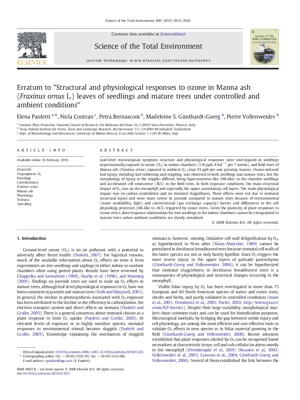 Erratum to "Structural and physiological responses to ozone in Manna ash (Fraxinus ornus L.) leaves of seedlings and mature trees under controlled and ambient conditions"