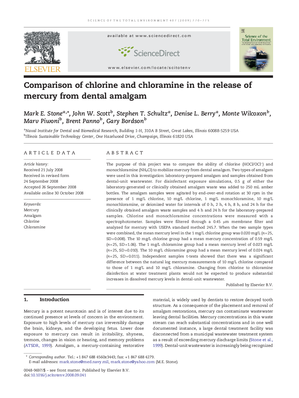 Comparison of chlorine and chloramine in the release of mercury from dental amalgam