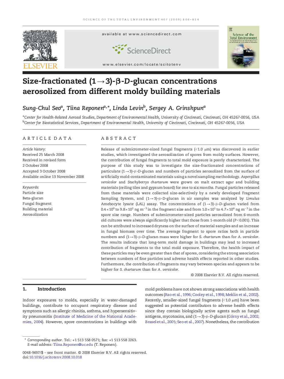 Size-fractionated (1 → 3)-β-D-glucan concentrations aerosolized from different moldy building materials