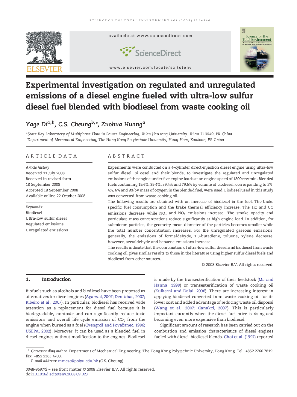 Experimental investigation on regulated and unregulated emissions of a diesel engine fueled with ultra-low sulfur diesel fuel blended with biodiesel from waste cooking oil